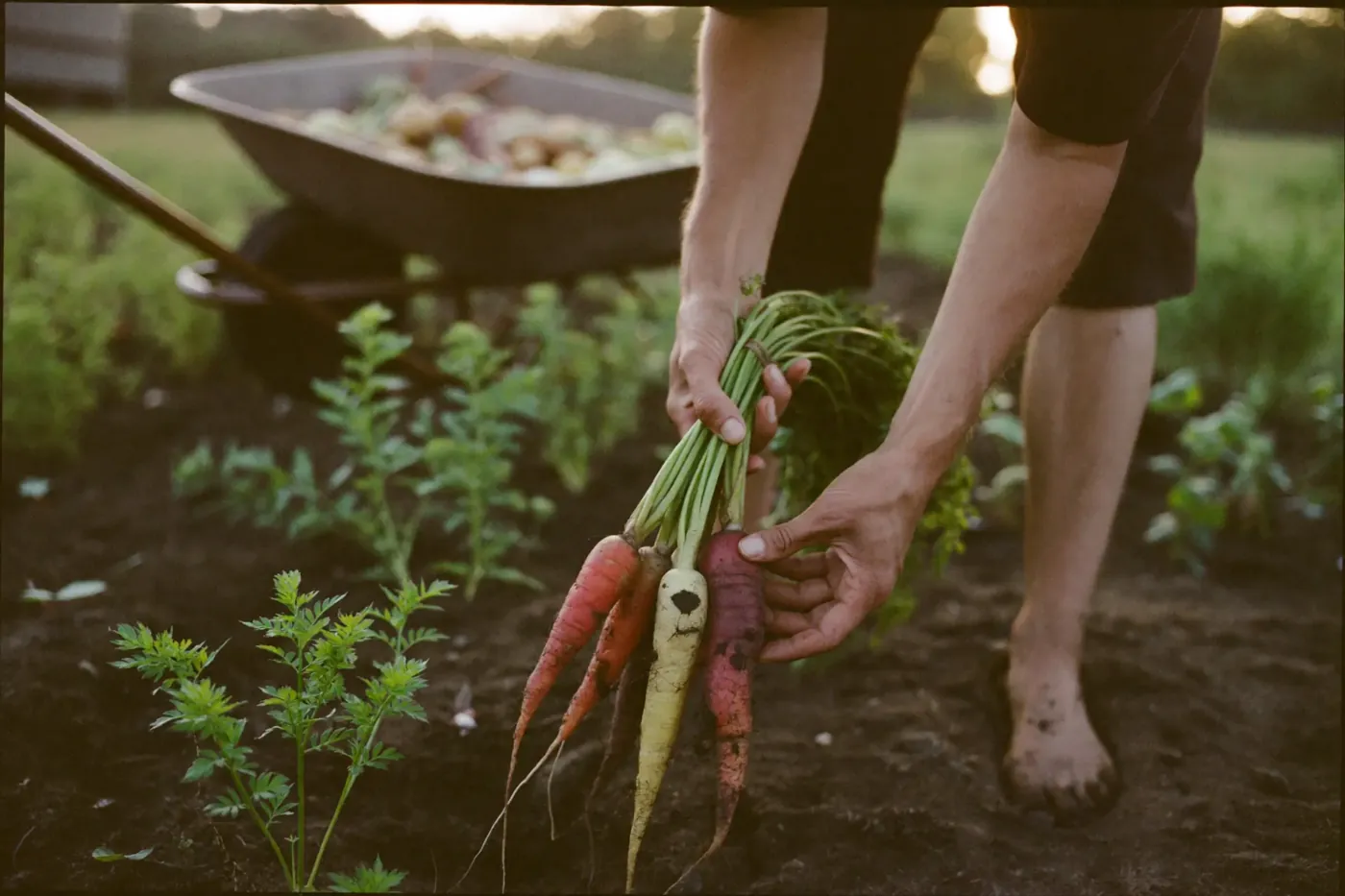 Hands pulling carrots from a garden bed