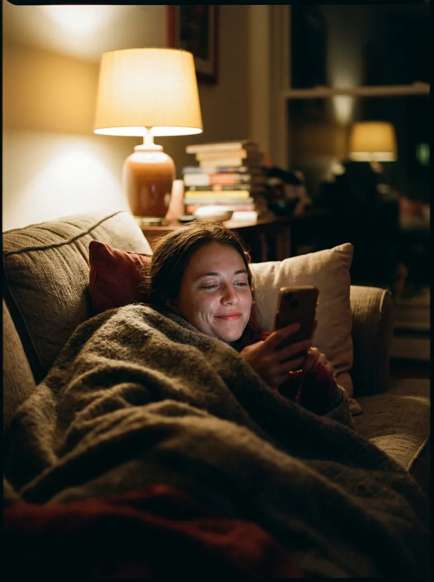 Someone curled up on a sofa at night, smiling at their phone
