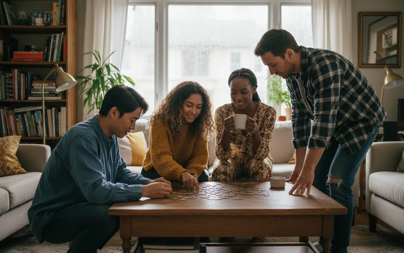 Four friends gathered around a coffee table working on a puzzle together