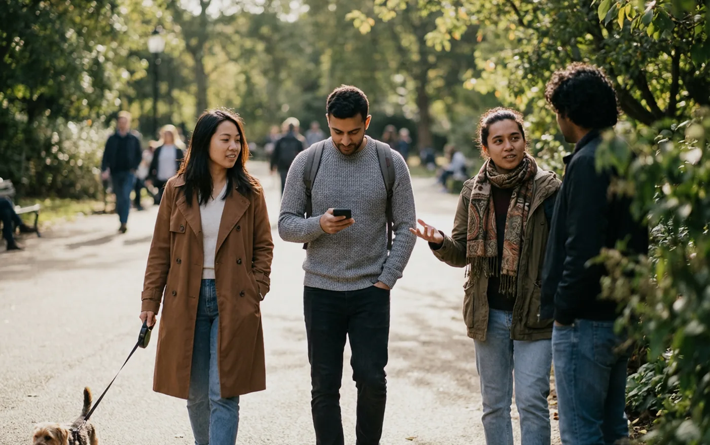 Four friends walking through a park, one checking their phone mid-conversation